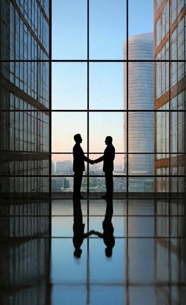 Two business professionals shaking hands in a glass office tower overlooking a city skyline