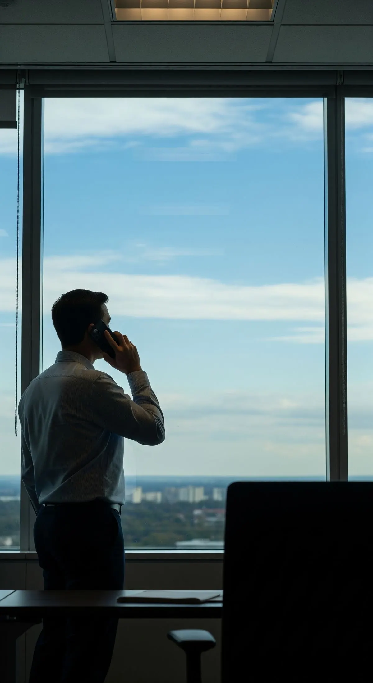 Professional on a phone call overlooking a city skyline from an office window