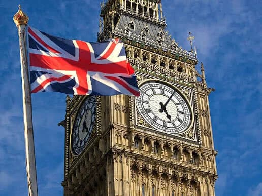 Elizabeth Tower (Big Ben) in London with the Union flag