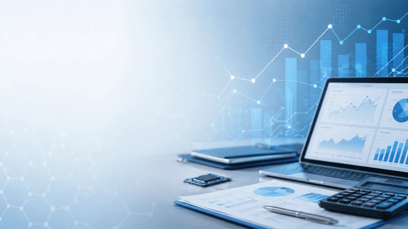 R&D tax planning illustration with financial charts, analytics, and technology on a laptop and documents