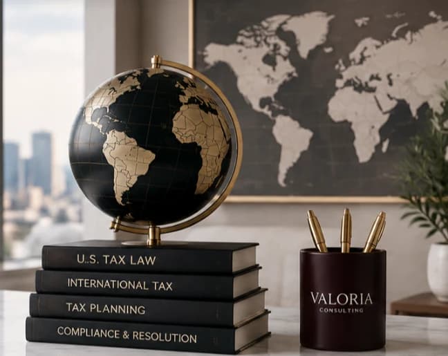 Globe on a stack of U.S. tax law and international tax books beside a Valoria Consulting pen holder