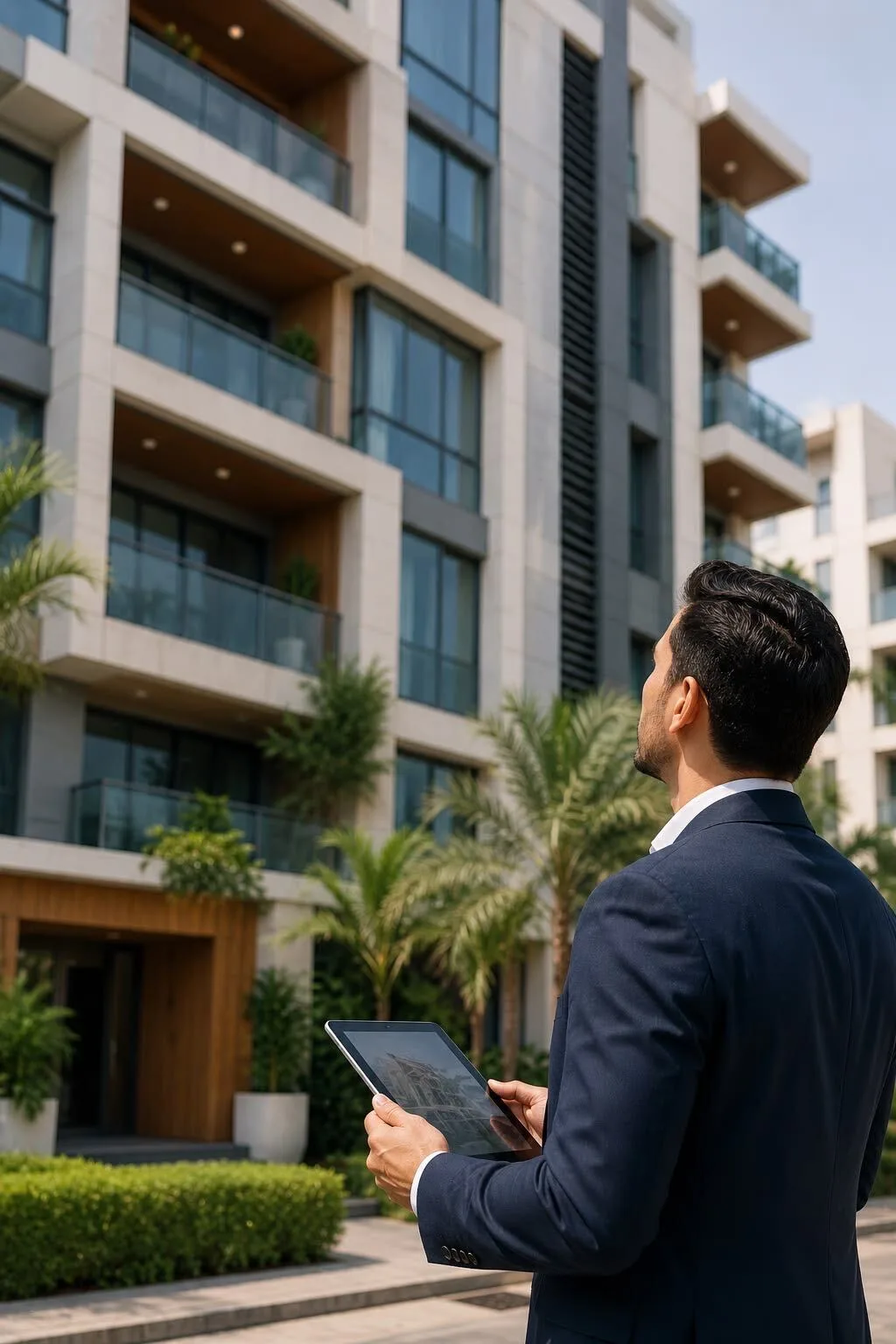 Advisor with a tablet reviewing a modern residential building