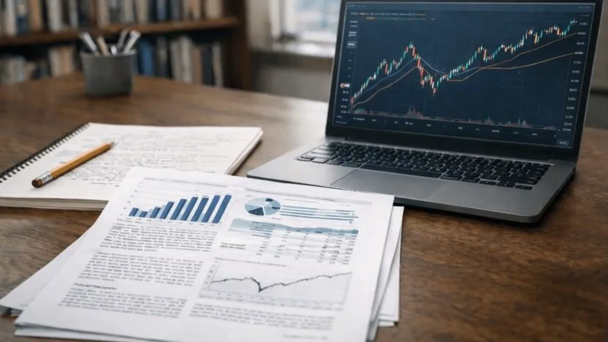 Fund statements with charts beside a laptop showing a market chart on a wooden desk.