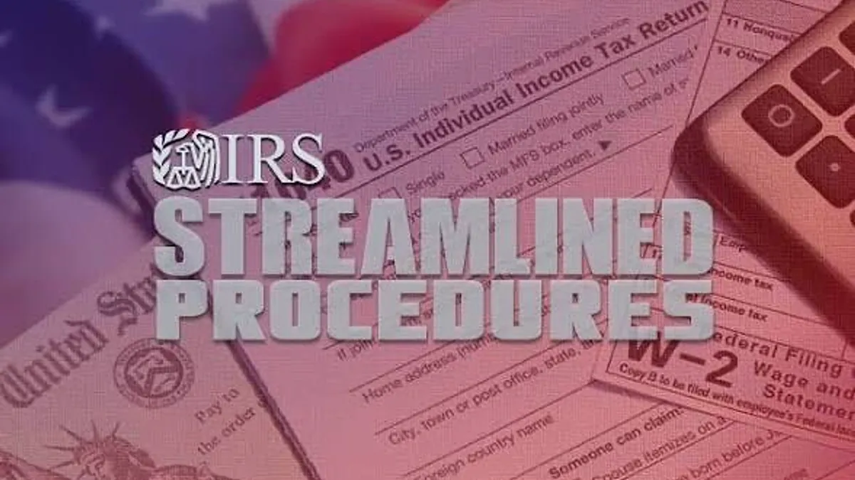 IRS Streamlined Procedures text over a U.S. flag, Form 1040, W-2 and a calculator