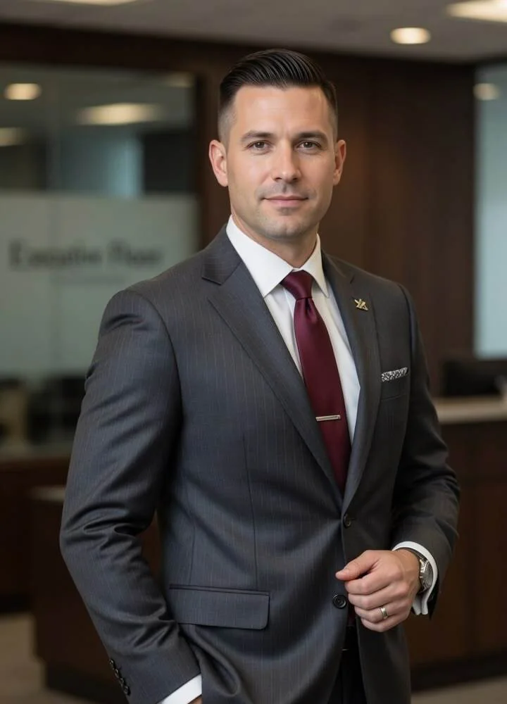Professional in a charcoal suit and burgundy tie standing in an office lobby
