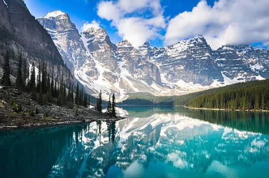Moraine Lake and snow-capped peaks in Banff National Park, Canada
