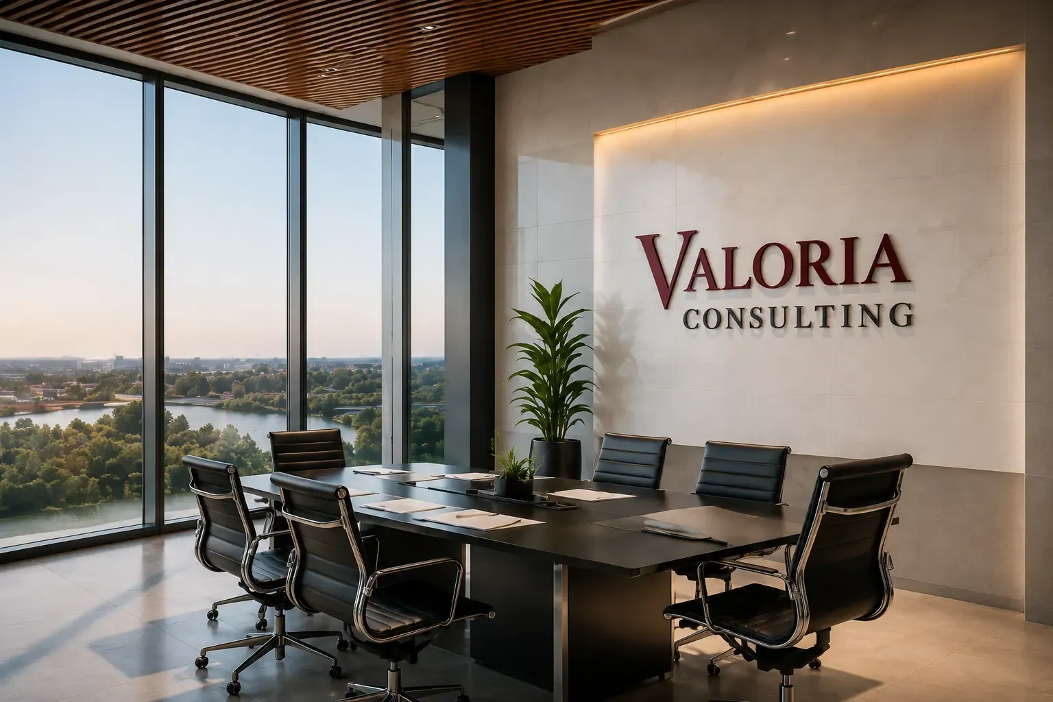 Valoria Consulting boardroom with the company logo on the wall
